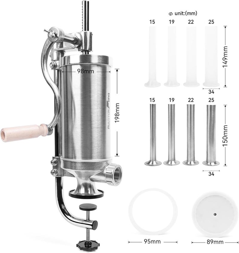 MASTER FENG 2.5 LBS Sausage Stuffer Vertical Stainless Steel Stuffing Maker Machine Packed with 8 Stuffing Funnels and 1 Silicone Piston - Image 2